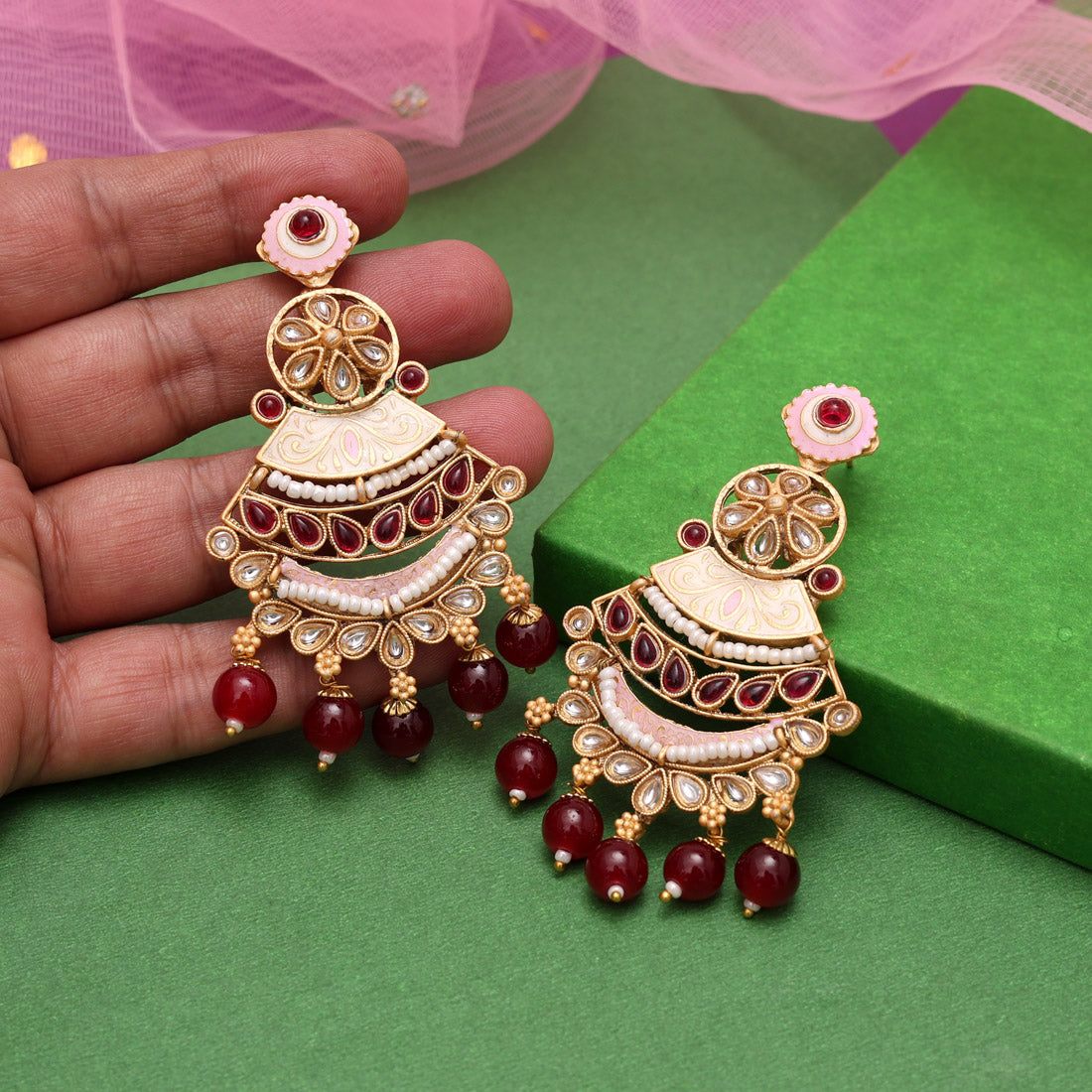 Maroon Color Kundan Meenakari Earrings (MKE2007MRN) Jewellery GetGlit