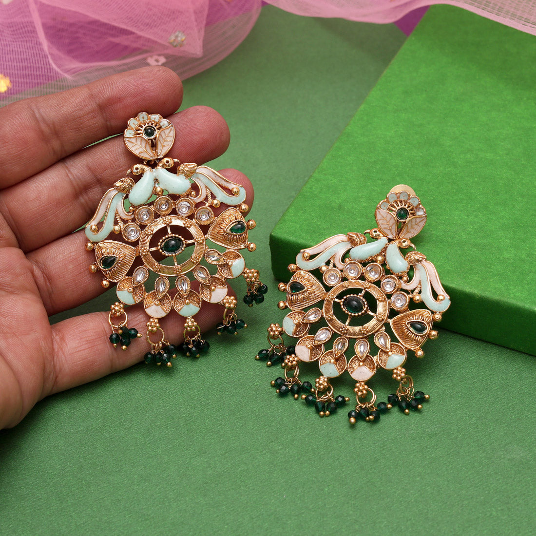 Green Color Kundan Meenakari Earrings (MKE2008GRN) Jewellery GetGlit