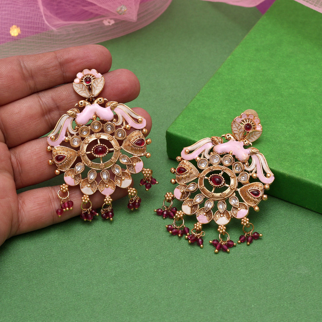 Rani Color Kundan Meenakari Earrings (MKE2008RNI) Jewellery GetGlit