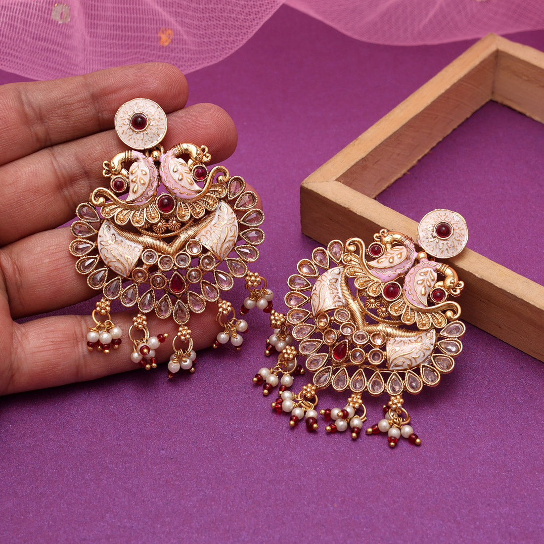 Rani Color Kundan Meenakari Earrings (MKE2010RNI) Jewellery GetGlit