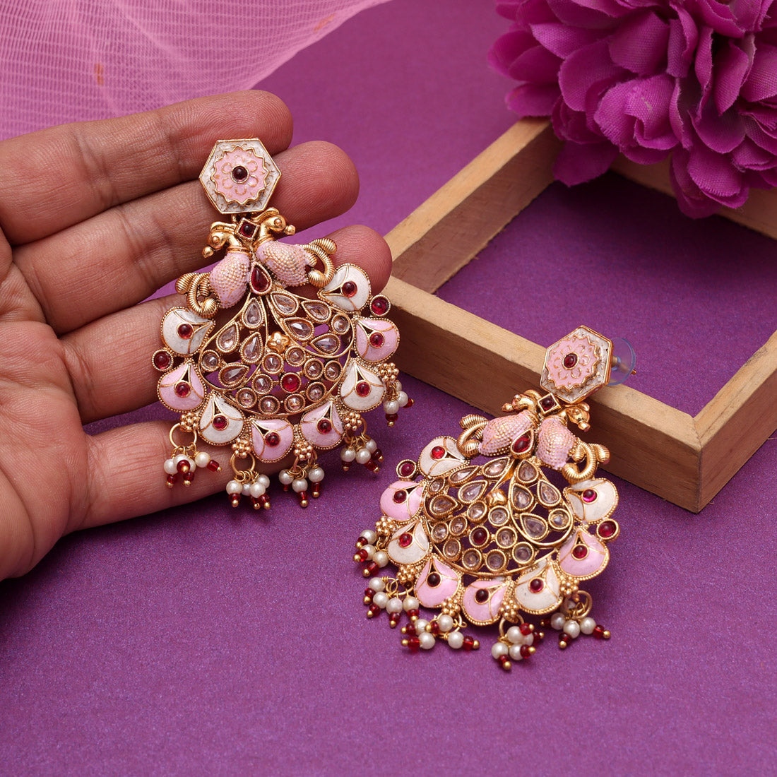 Rani Color Kundan Meenakari Earrings (MKE2011RNI) Jewellery GetGlit