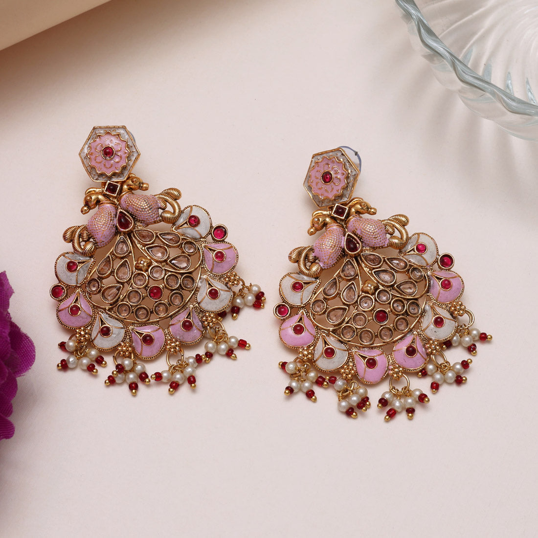 Rani Color Kundan Meenakari Earrings (MKE2011RNI) Jewellery GetGlit