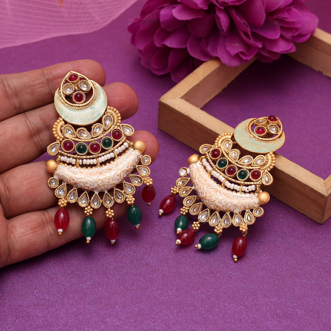 Rani & Green Color Kundan Meenakari Earrings (MKE2012RNIGRN) Jewellery GetGlit