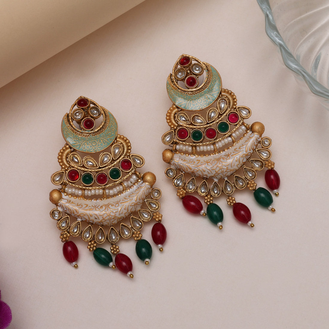 Rani & Green Color Kundan Meenakari Earrings (MKE2012RNIGRN) Jewellery GetGlit