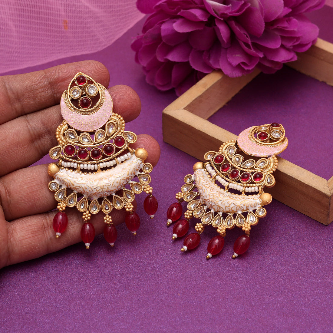 Rani Color Kundan Meenakari Earrings (MKE2012RNI) Jewellery GetGlit