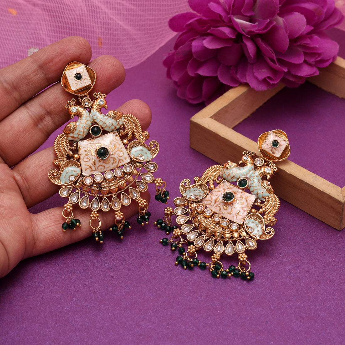 Green Color Kundan Meenakari Earrings (MKE2013GRN) Jewellery GetGlit