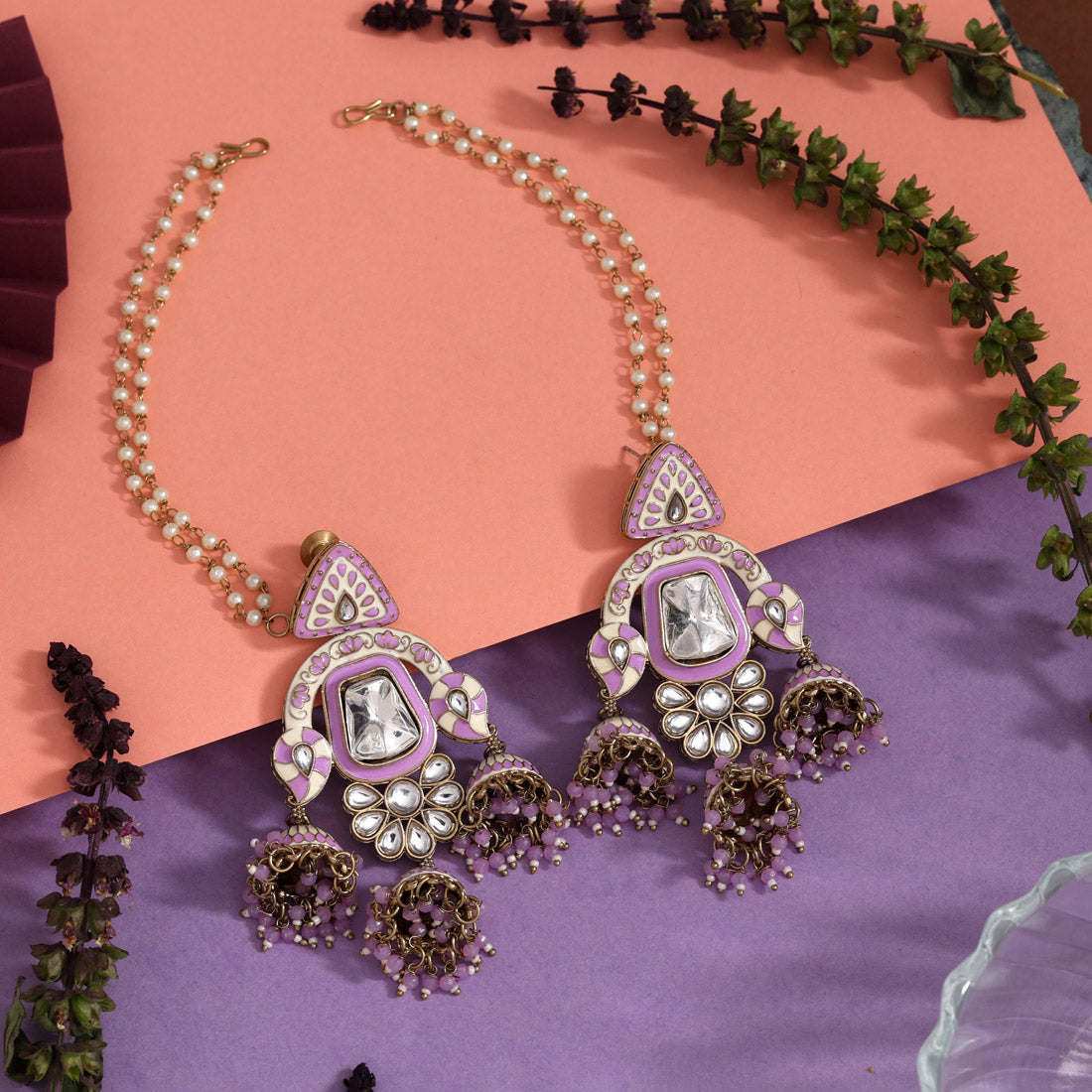 Light Purple Color Kundan Meenakari Earrings Jewellery GetGlit