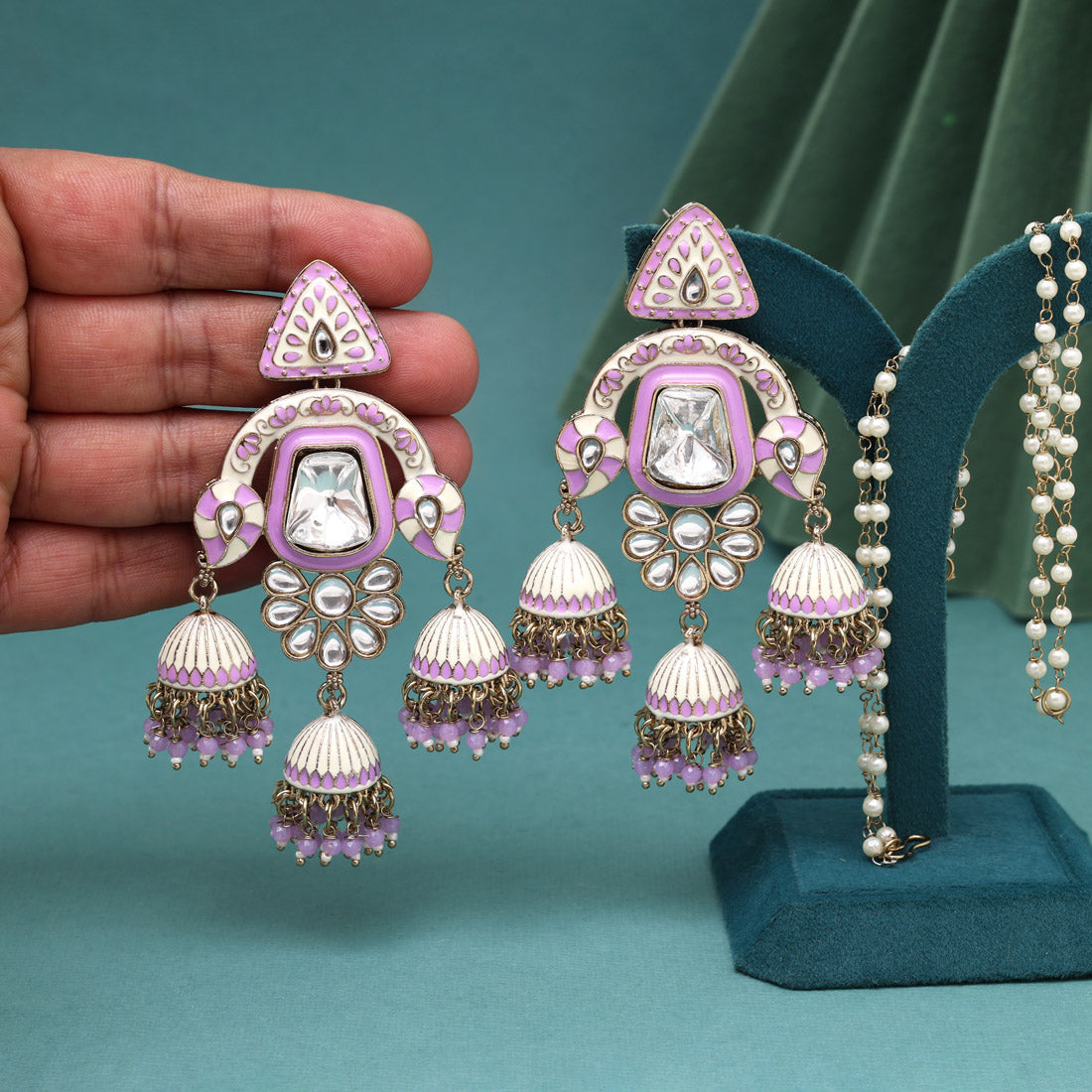 Light Purple Color Kundan Meenakari Earrings Jewellery GetGlit