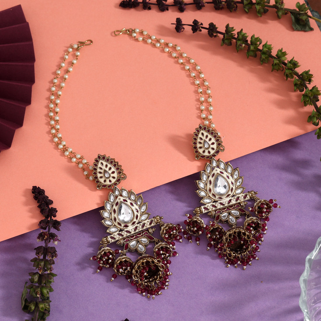 Magenta Color Kundan Meenakari Earrings Jewellery GetGlit