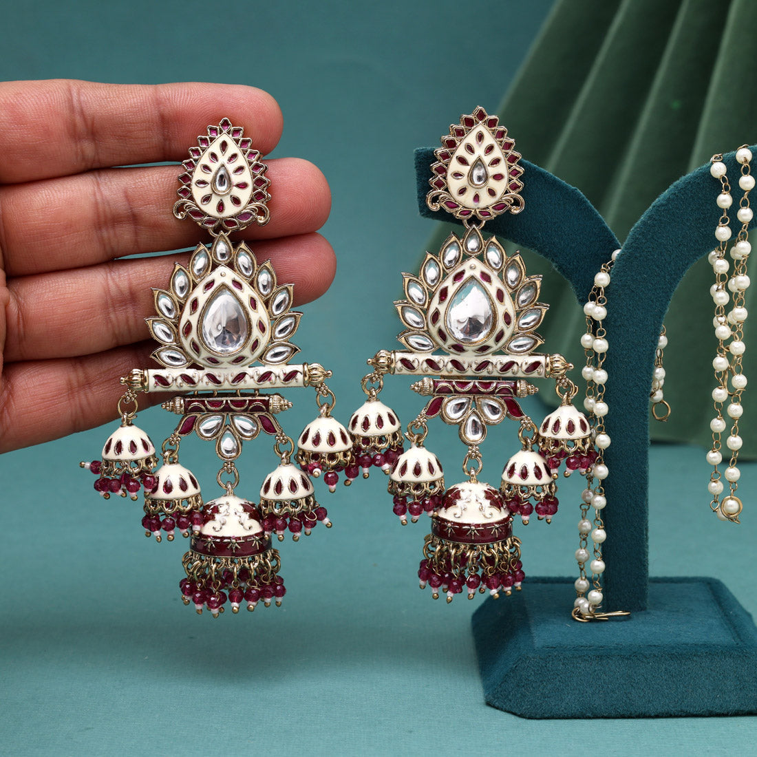 Magenta Color Kundan Meenakari Earrings Jewellery GetGlit