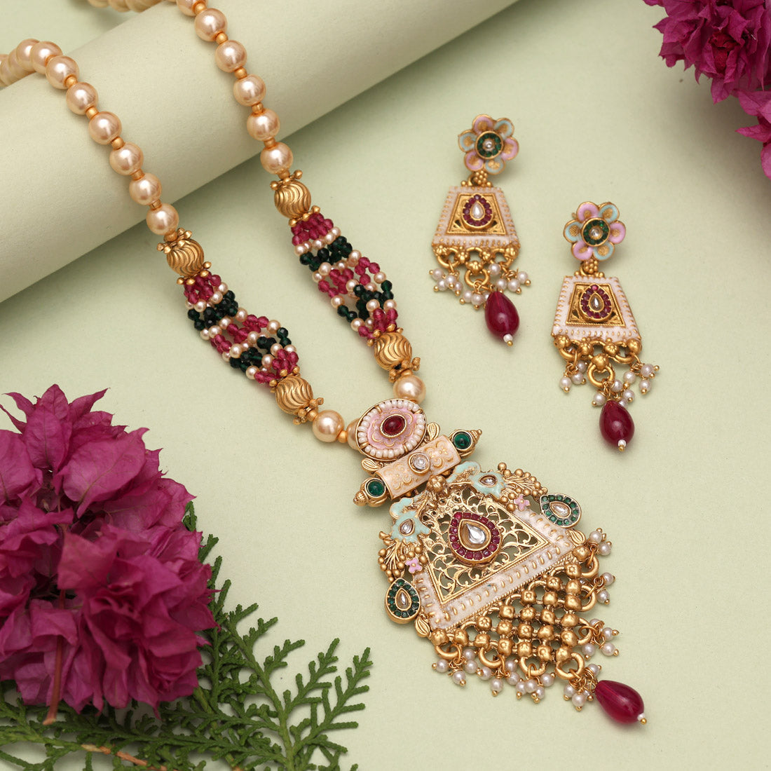 Rani & Green Color Matte Gold Meenakari Necklace Set (MKN603RNIGRN) Jewellery GetGlit