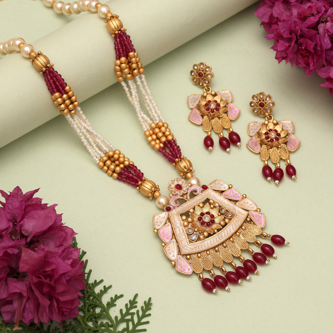 Rani Color Matte Gold Meenakari Necklace Set (MKN604RNI) Jewellery GetGlit