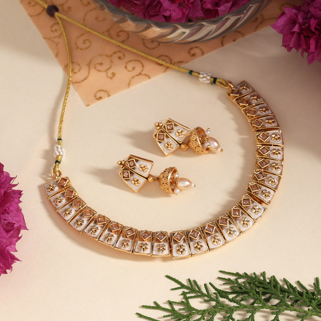 White Color Matte Gold Meenakari Necklace Set (MKN606WHT) Jewellery GetGlit