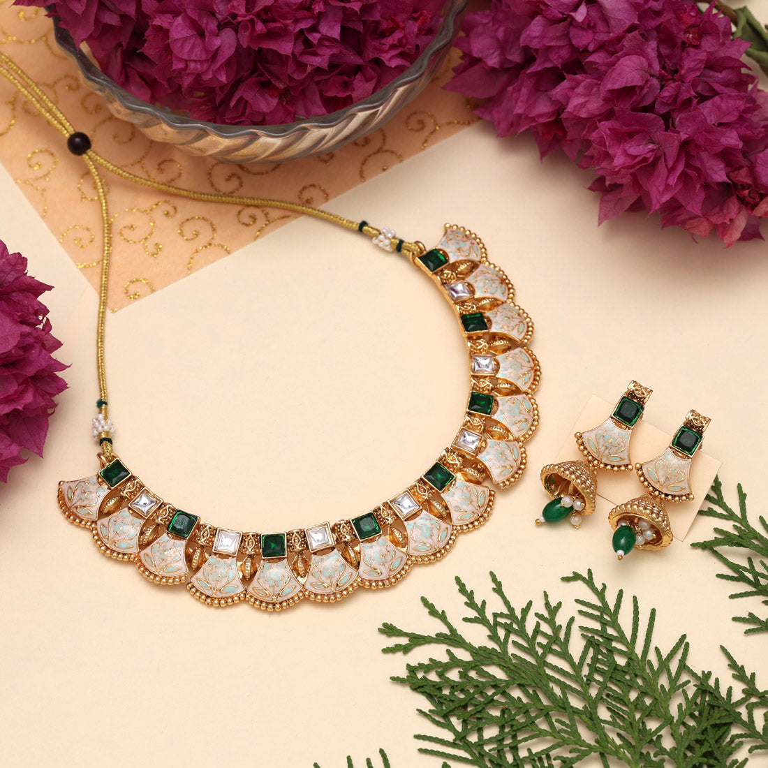 Green Color Matte Gold Meenakari Necklace Set (MKN607GRN) Jewellery GetGlit
