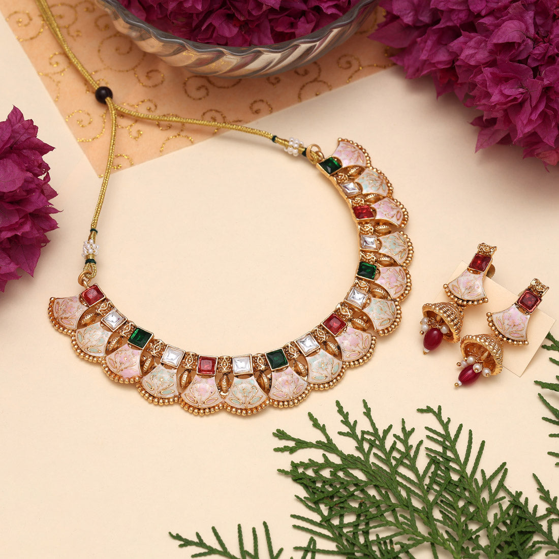 Maroon & Green Color Matte Gold Meenakari Necklace Set (MKN607MG) Jewellery GetGlit