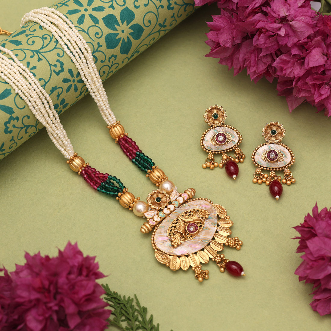 Rani & Green Color Matte Gold Meenakari Necklace Set (MKN608RNIGRN) Jewellery GetGlit