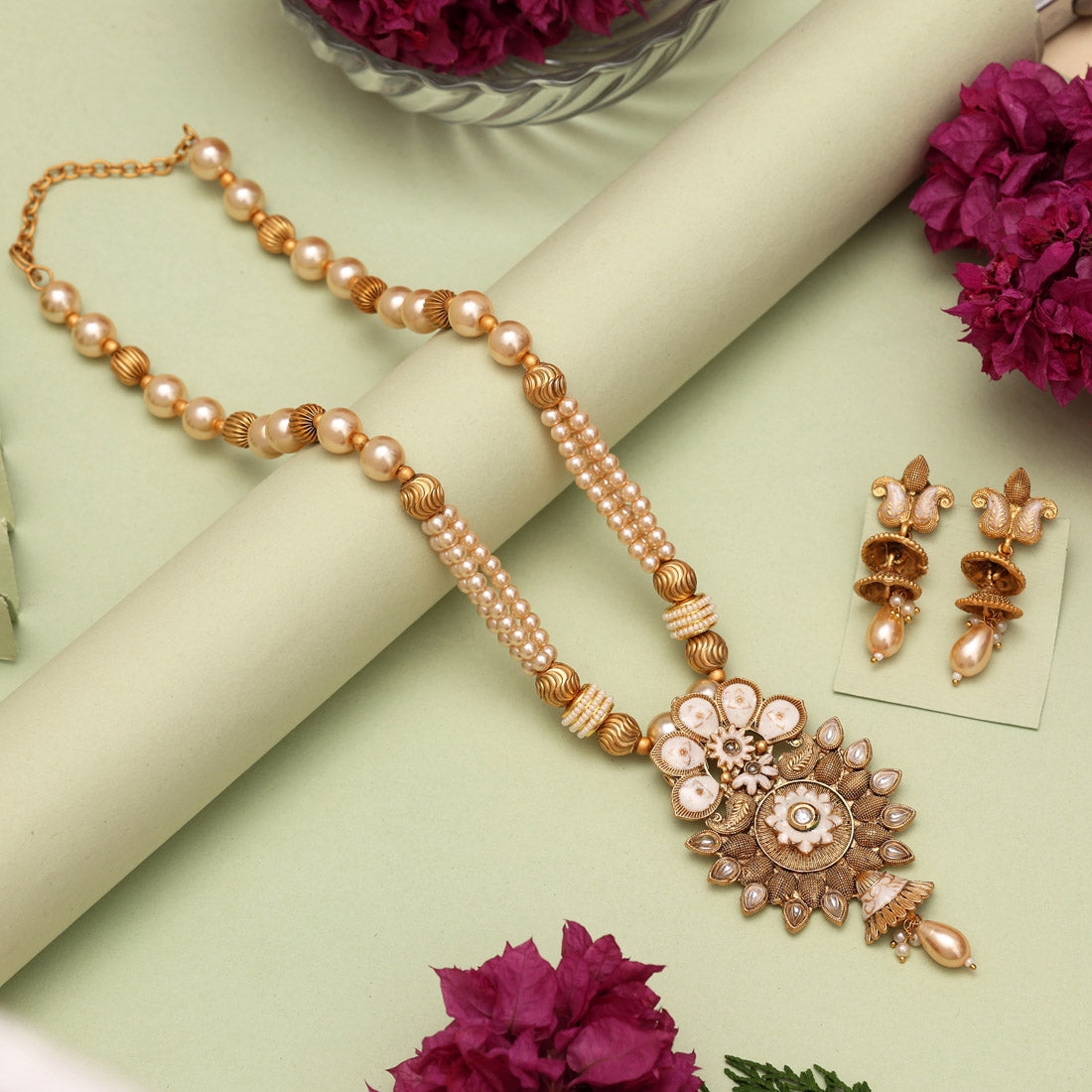 Gold Color Matte Gold Meenakari Necklace Set (MKN609GLD) Jewellery GetGlit