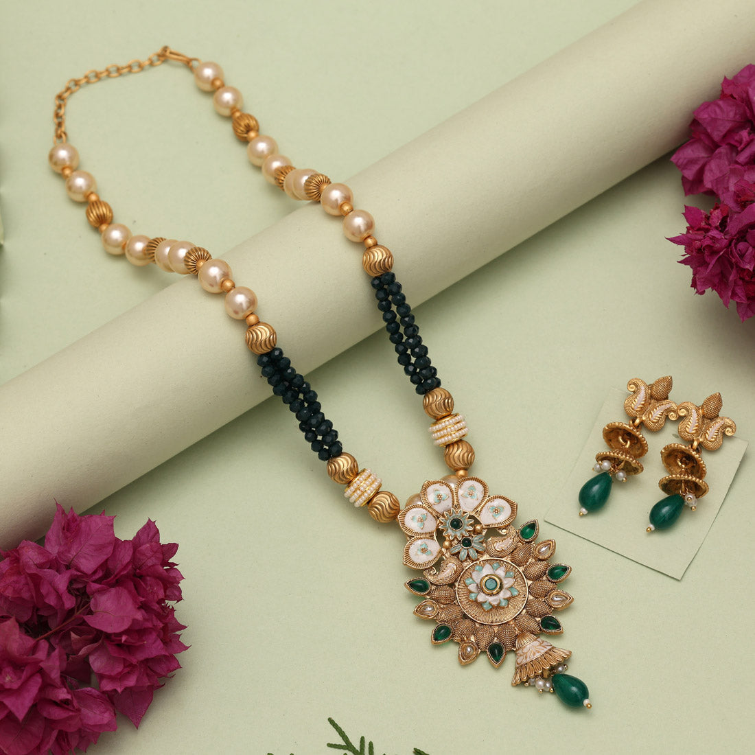 Green Color Matte Gold Meenakari Necklace Set (MKN609GRN) Jewellery GetGlit