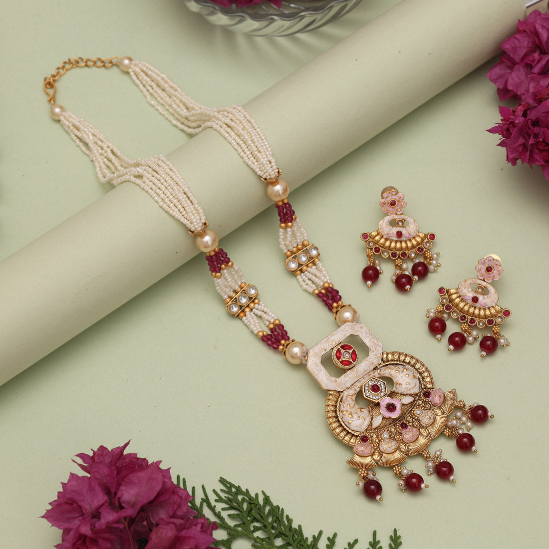 Maroon Color Matte Gold Meenakari Necklace Set (MKN610MRN) Jewellery GetGlit