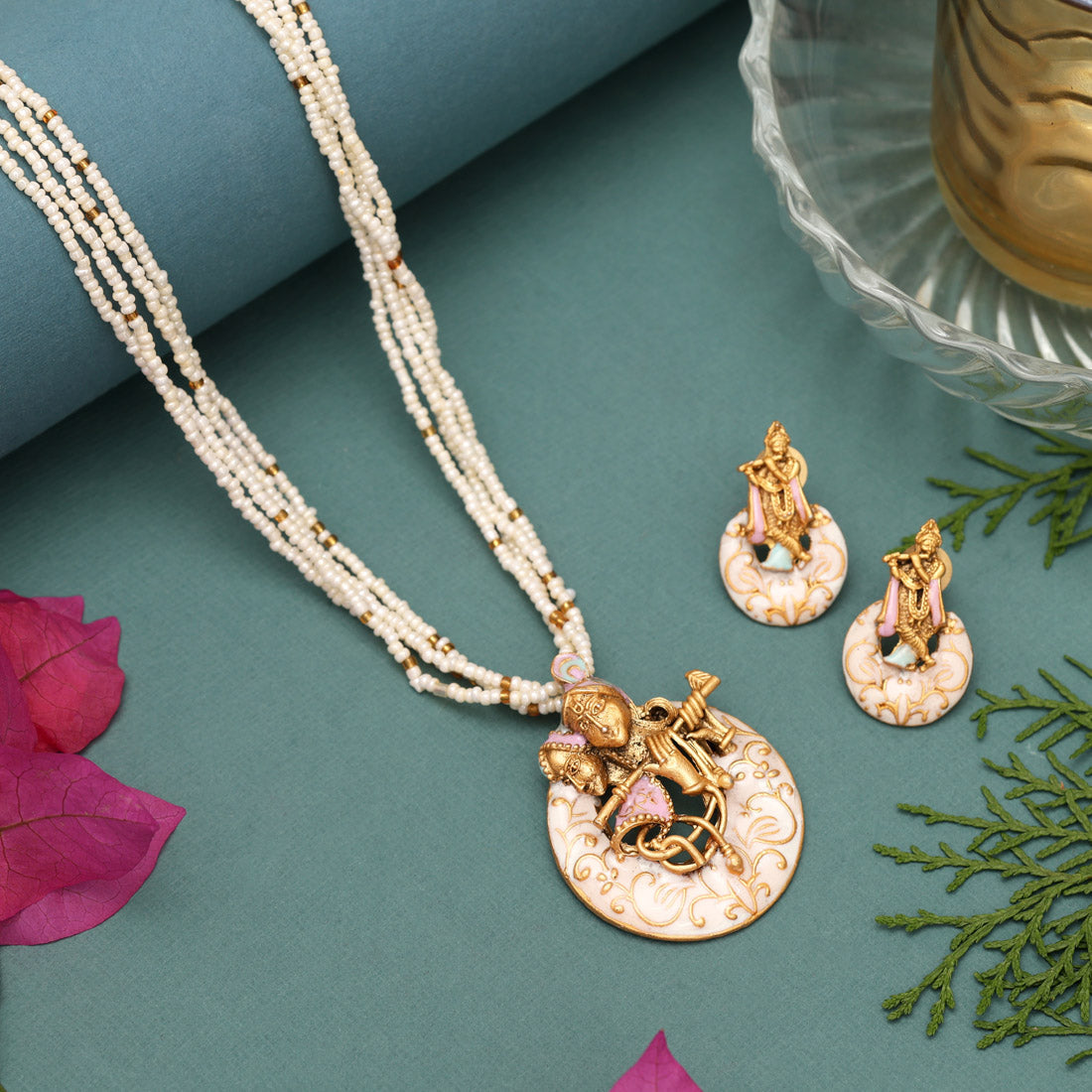 Pink & Pista Green Color Lord Radha Krishna Matte Gold Meenakari Necklace Set (MKN611PNKPGRN) Jewellery GetGlit