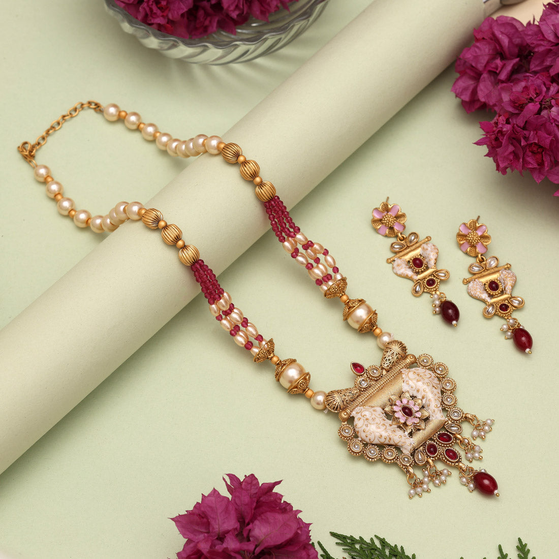 Rani Color Matte Gold Meenakari Necklace Set (MKN612RNI) Jewellery GetGlit