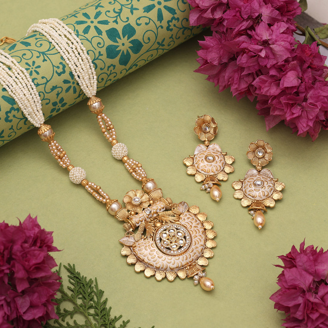 Gold Color Matte Gold Meenakari Necklace Set (MKN615GLD) Jewellery GetGlit
