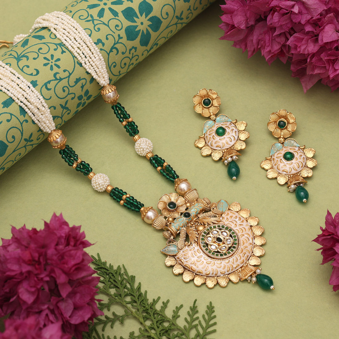 Green Color Matte Gold Meenakari Necklace Set (MKN615GRN) Jewellery GetGlit