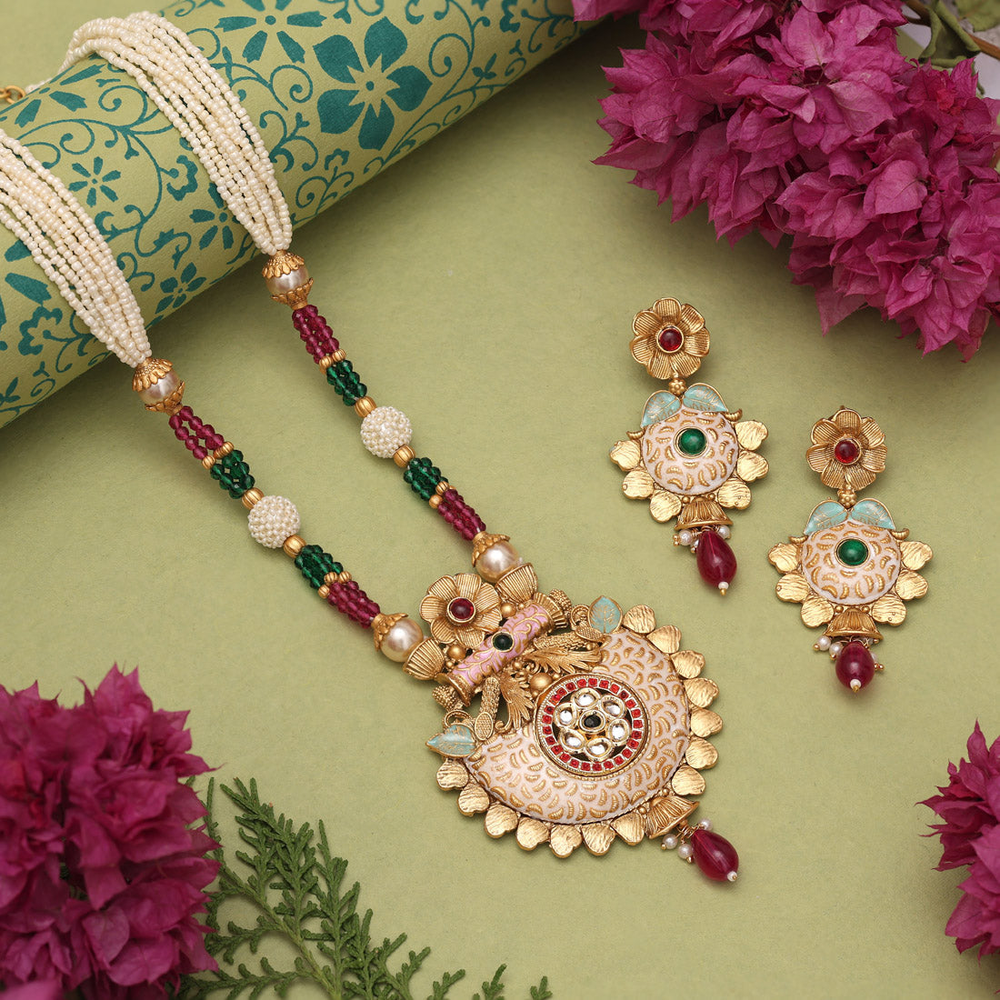 Rani & Green Color Matte Gold Meenakari Necklace Set (MKN615RNIGRN) Jewellery GetGlit