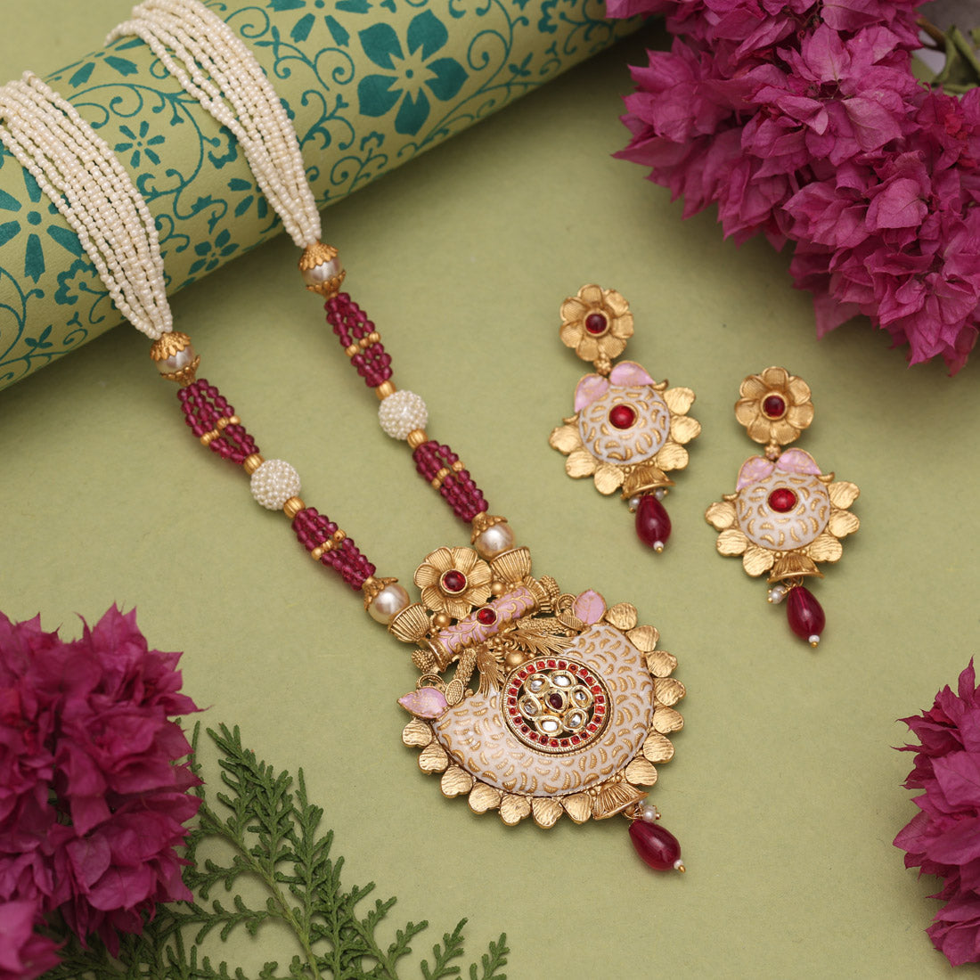 Rani Color Matte Gold Meenakari Necklace Set (MKN615RNI) Jewellery GetGlit