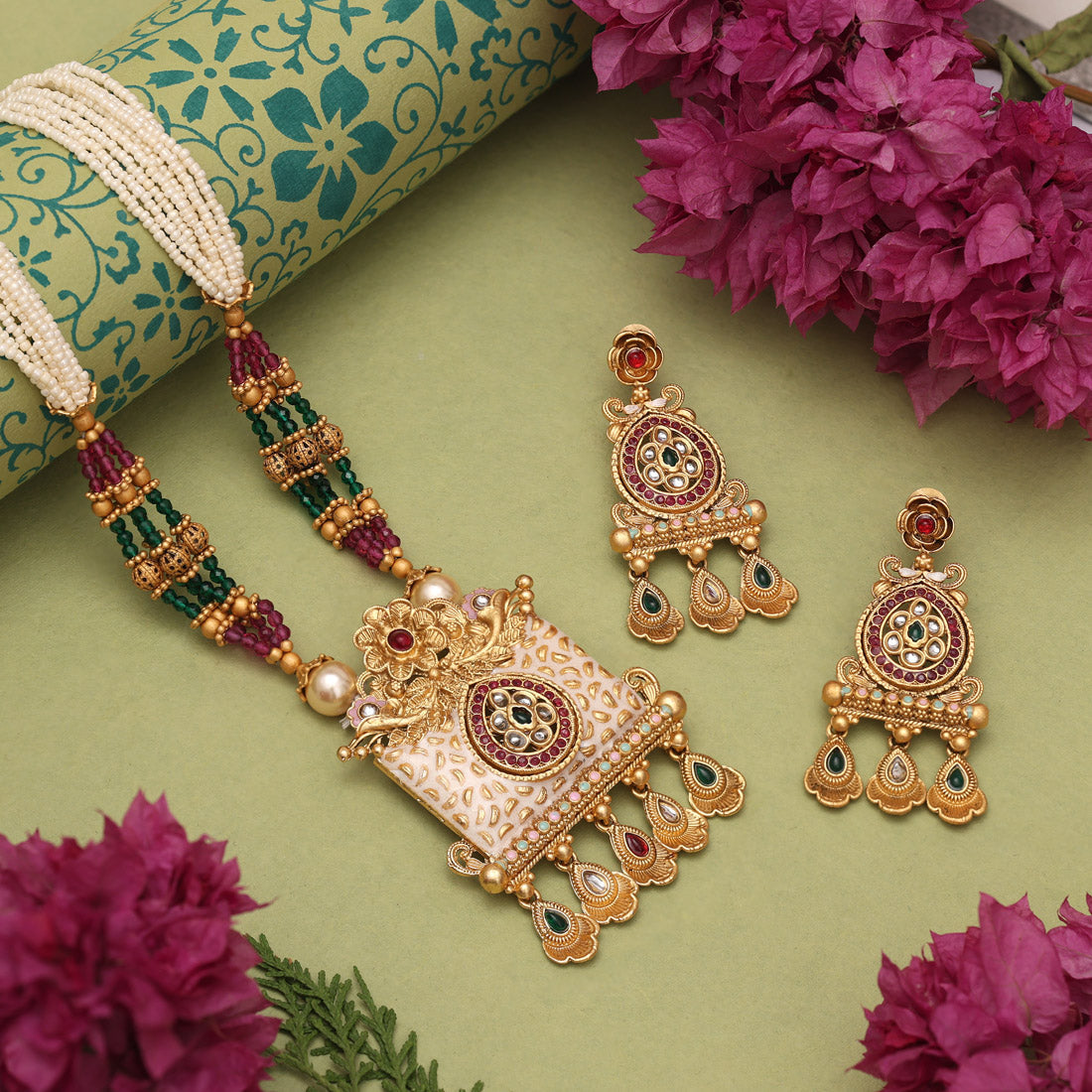 Rani & Green Color Matte Gold Meenakari Necklace Set (MKN616RNIGRN) Jewellery GetGlit