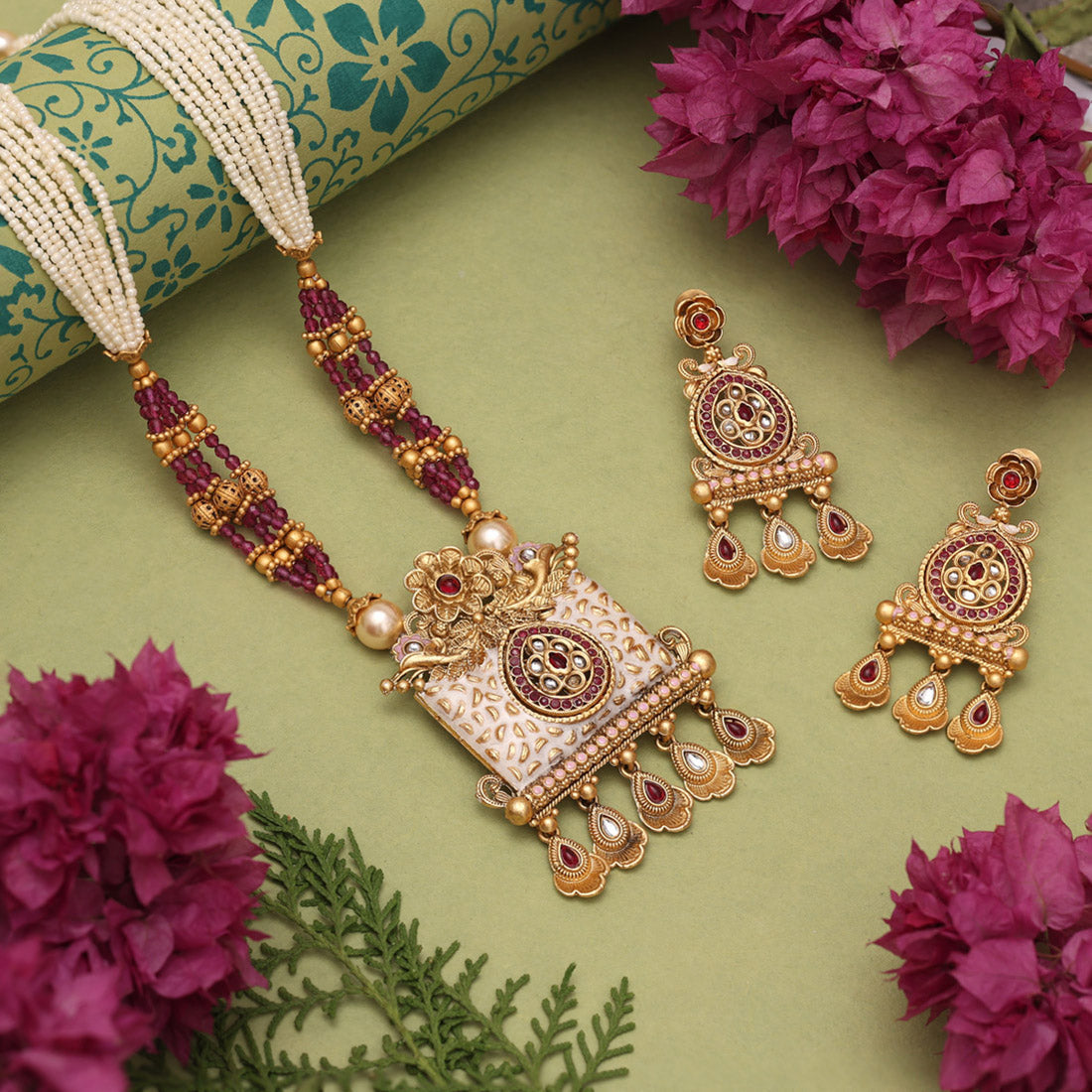 Rani Color Matte Gold Meenakari Necklace Set (MKN616RNI) Jewellery GetGlit