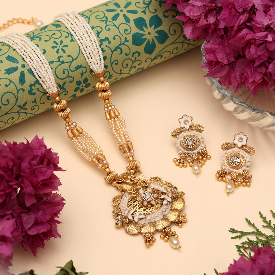 Gold Color Matte Gold Meenakari Necklace Set (MKN617GLD) Jewellery GetGlit