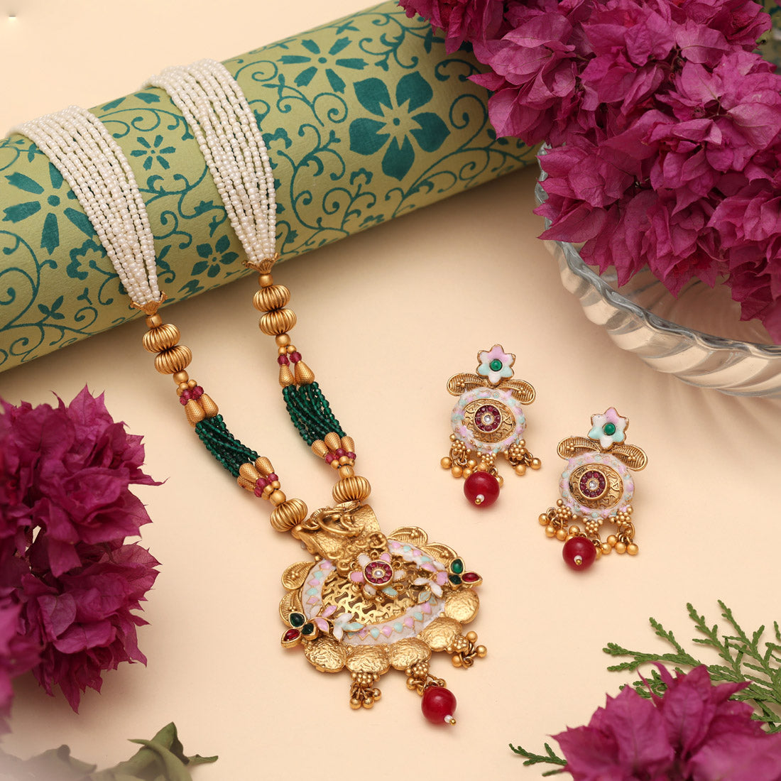 Rani & Green Color Matte Gold Meenakari Necklace Set (MKN617RNIGRN) Jewellery GetGlit