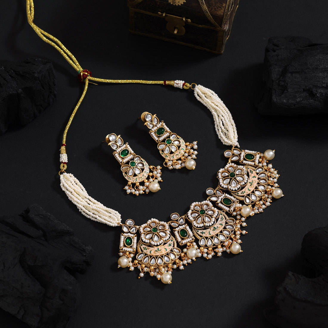 Green Color Choker Matte Gold Meenakari Necklace Set Jewellery GetGlit