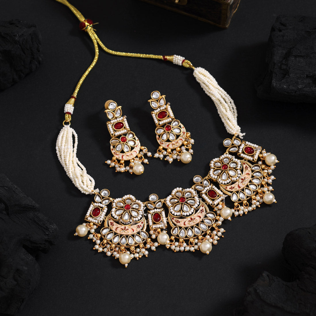 Rani Color Choker Matte Gold Meenakari Necklace Set Jewellery GetGlit