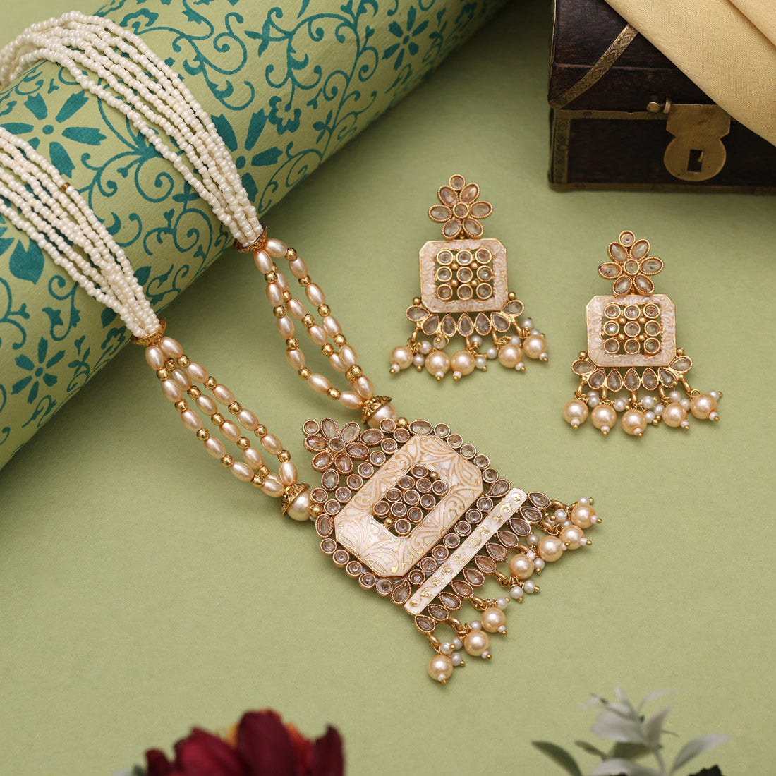 Gold Color Matte Gold Meenakari Necklace Set Jewellery GetGlit