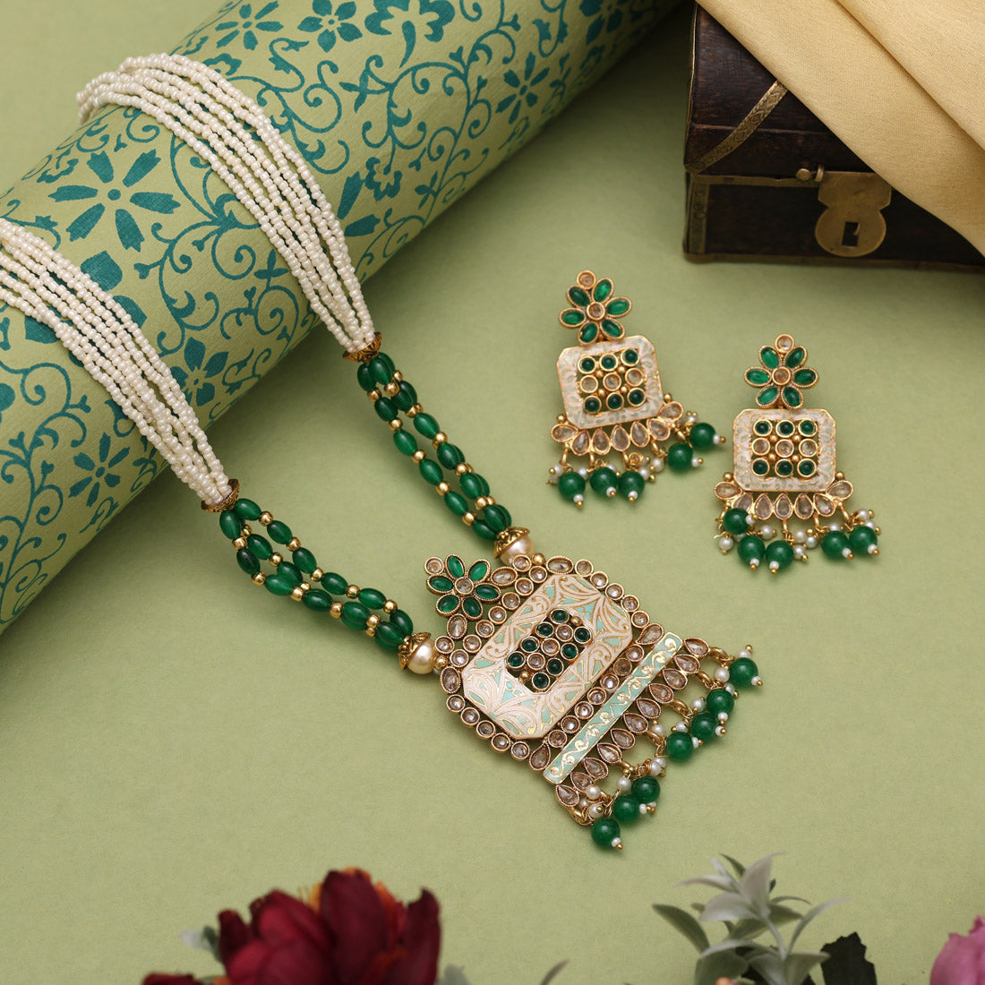 Green Color Matte Gold Meenakari Necklace Set Jewellery GetGlit