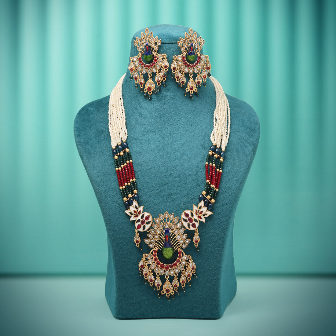 Multi Color Peacock Inspired Meenakari Matte Gold Necklace Set Jewellery GetGlit