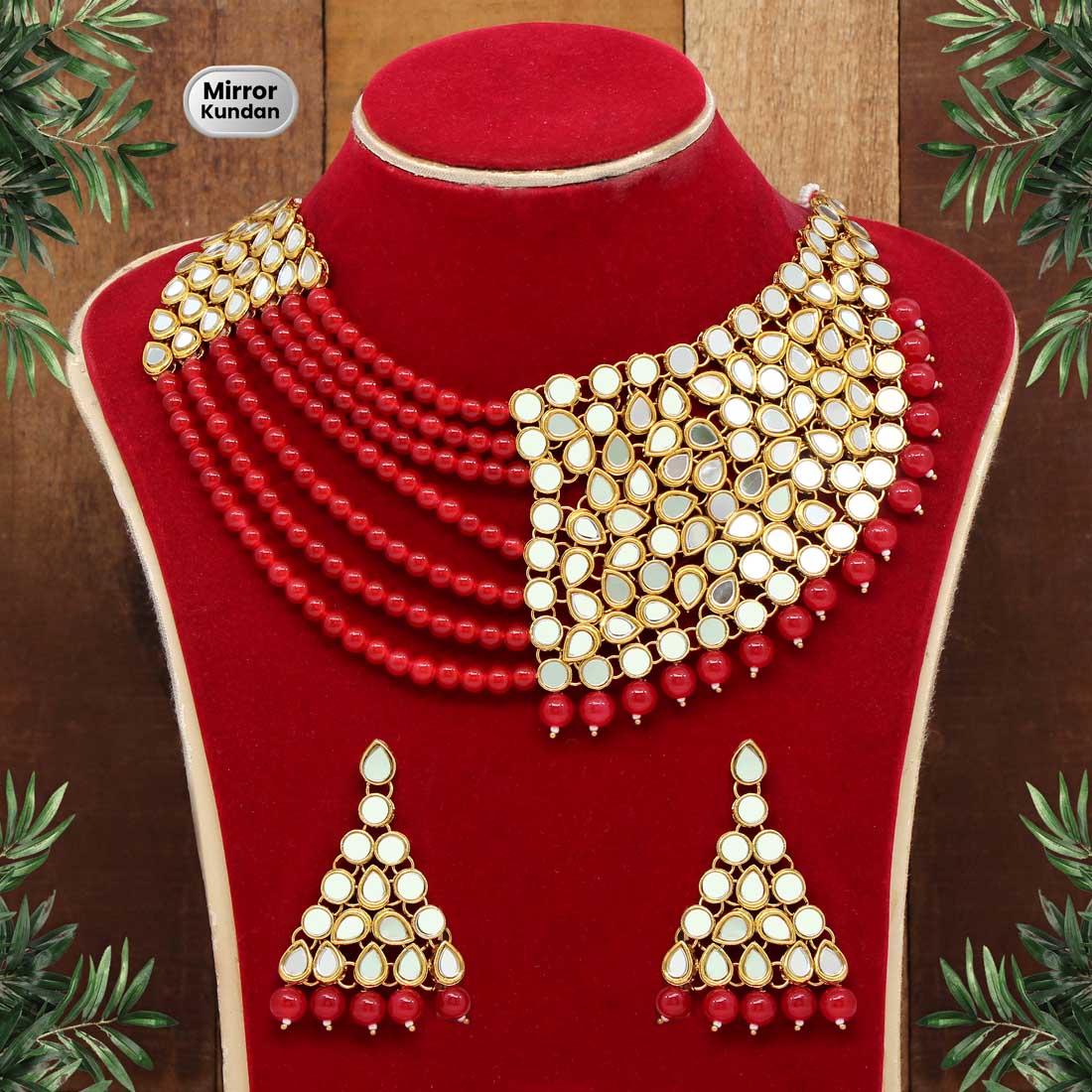 Red Color Mirror Kundan Necklace Set Jewellery GlitStudio