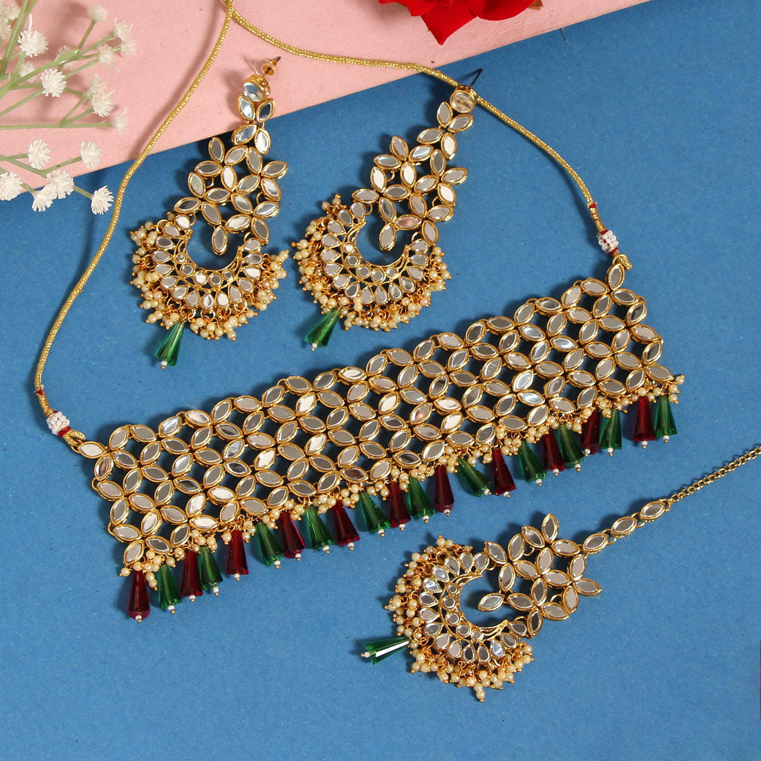 Maroon & Green Color Kundan Mirror Necklaces Set (MRN108MG) Jewellery GetGlit