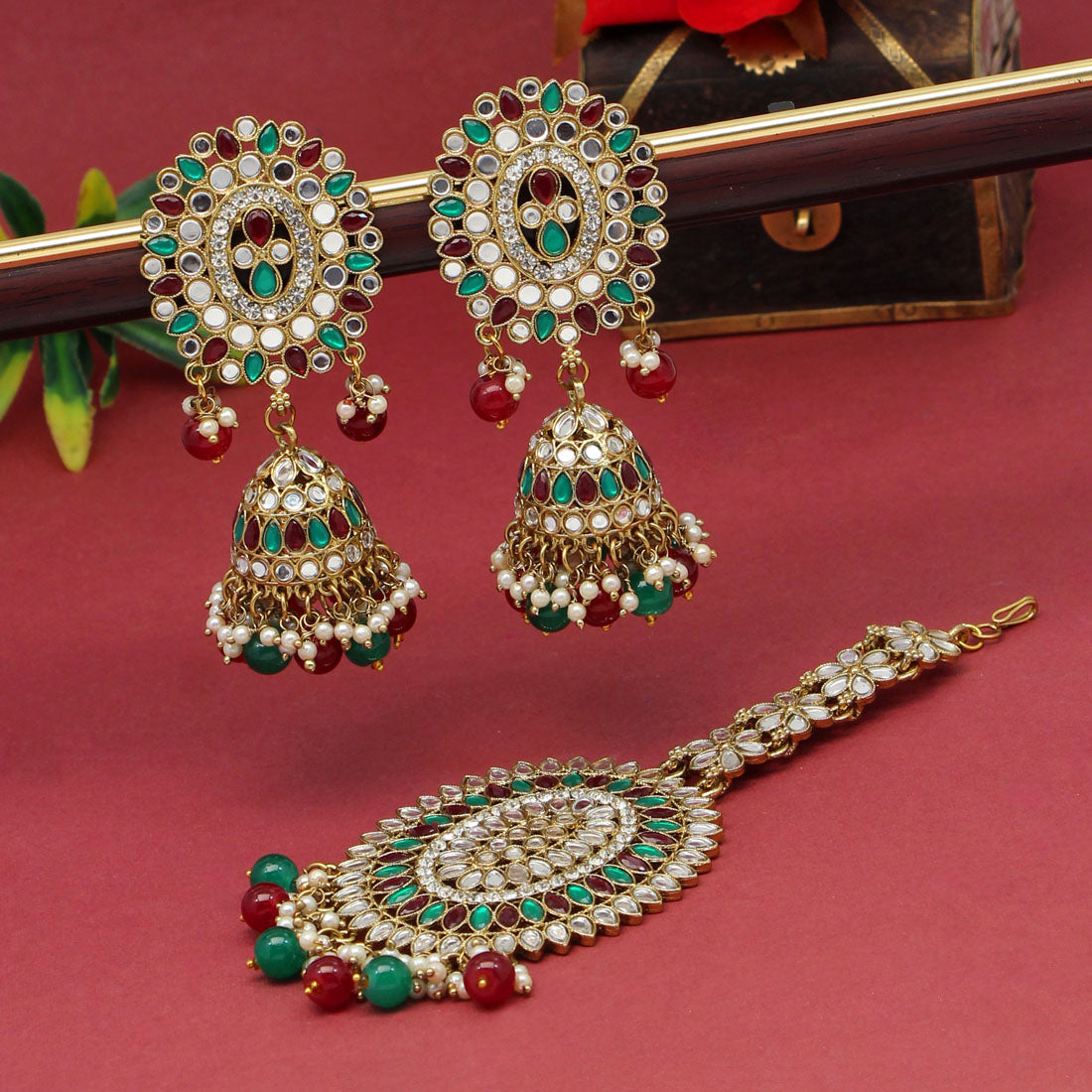 Maroon & Green Color Mirror Kundan Earrings With Maang Tikka (MTKE459MG) Jewellery GetGlit