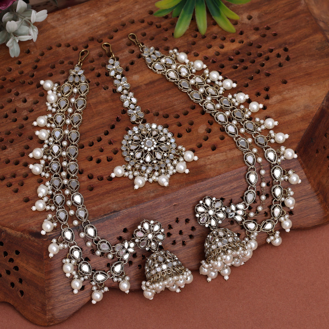 Ivory White Color Mirror Earrings With Maang Tikka Jewellery GetGlit