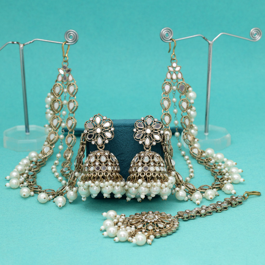 Ivory White Color Mirror Earrings With Maang Tikka Jewellery GetGlit