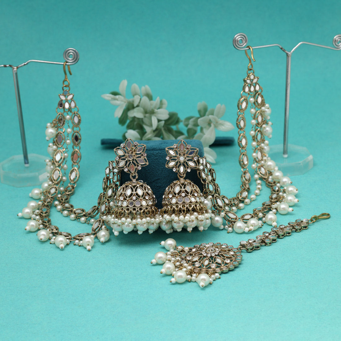 Classic White Color Mirror Earrings With Maang Tikka Jewellery GetGlit