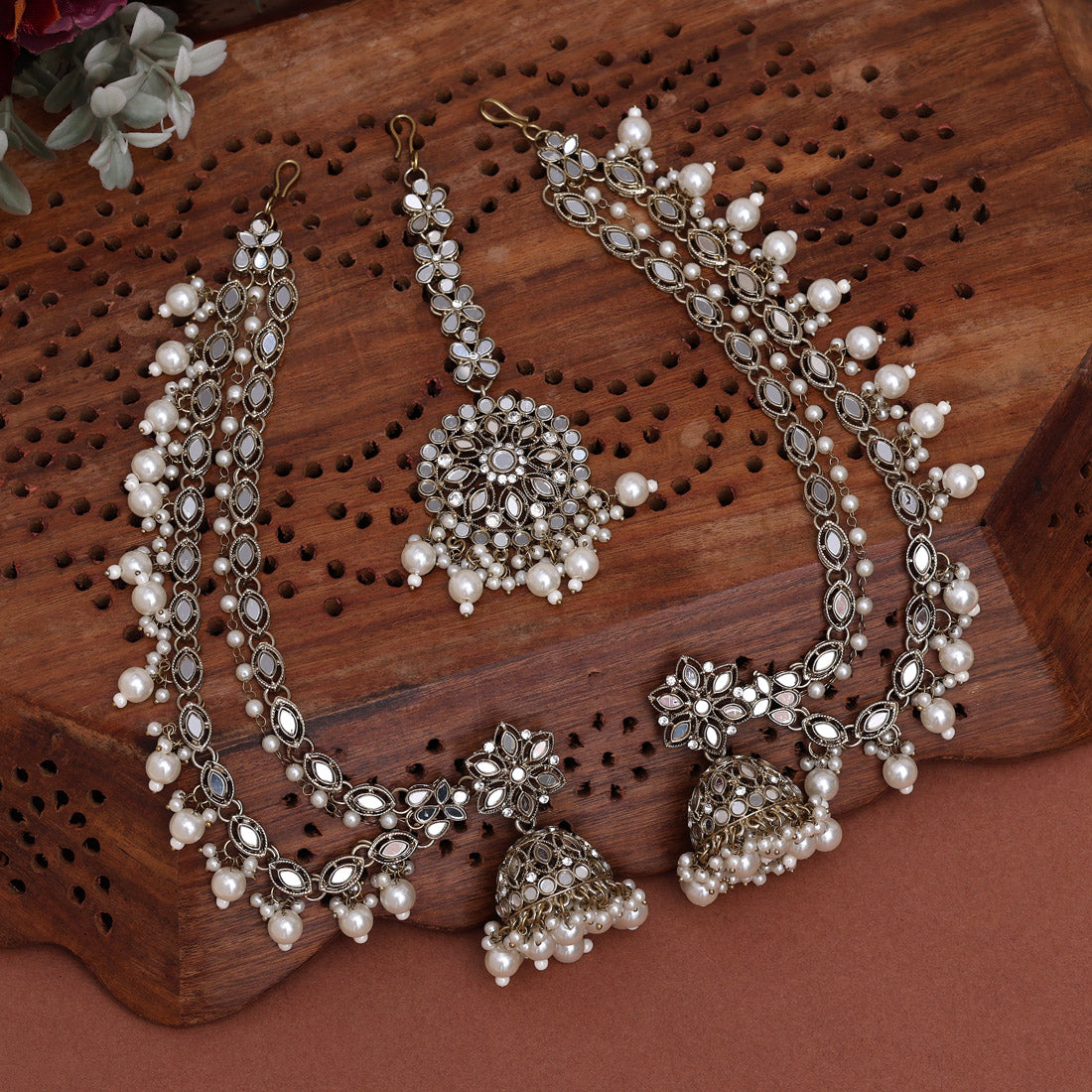 Classic White Color Mirror Earrings With Maang Tikka Jewellery GetGlit
