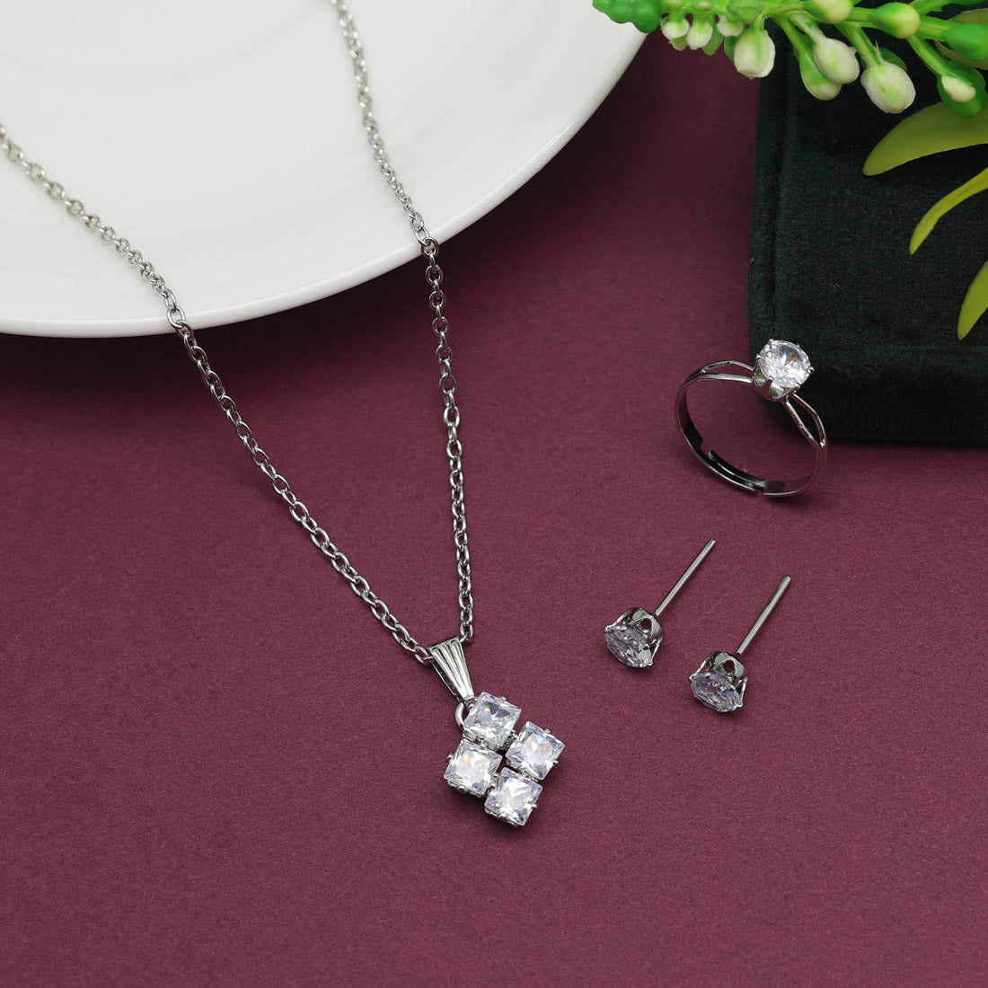 Silver Color Stone Locket Pendant Set (PLKP165SLV) Jewellery GetGlit