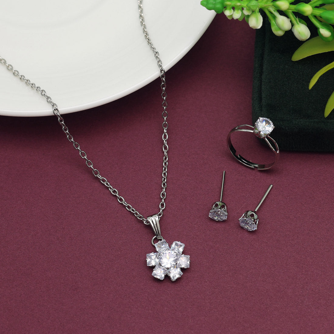 Silver Color Stone Locket Pendant Set (PLKP169SLV) Jewellery GetGlit