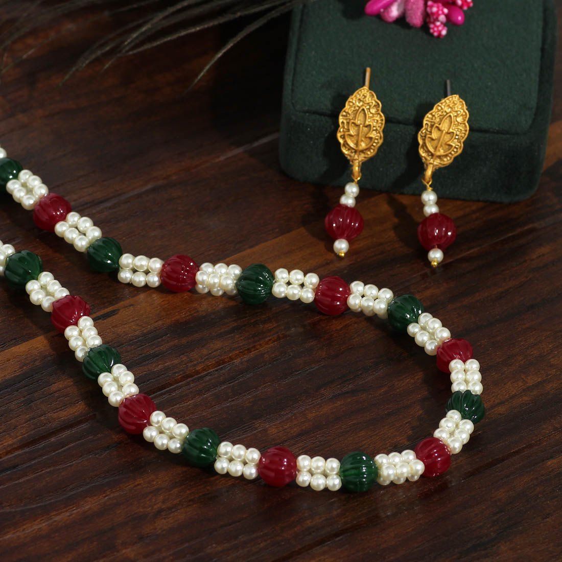 Maroon & Green Color Stone Necklace Set (PN735MG) Jewellery GetGlit