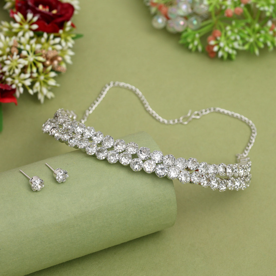 Silver Color Choker Stone Necklace Set Jewellery GetGlit