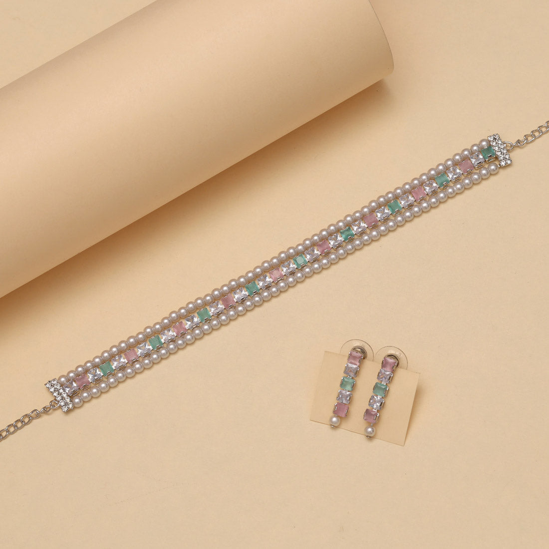 Pink & Pista Green Color Choker Stone Necklace Set Jewellery GetGlit